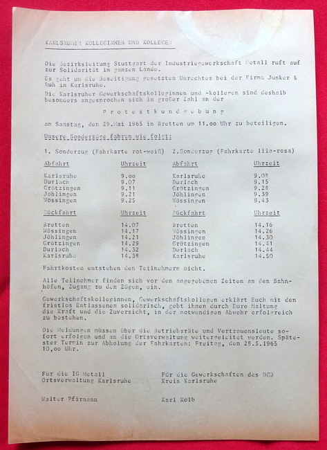 IG Metall  Flugblatt "Karlsruhe: Kolleginnen und Kollegen" (Flugblatt und Aufruf zur Protestkundgebung gegen die Beseitigung gesetzten Unrechts bei der Firma Junker & Ruh in Karlsruhe in Bretten am 29. Mai 1965) 