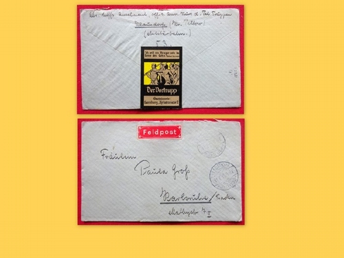 Der Vortrupp  Feldpostbrief von Klausdorf Kr. Teltow nach Karlsruhe v. 11.7.1918 mit Feldpostmarke in Rot und umseitig Werbemarke der ZS "Der Vortrupp" Hamburg 
