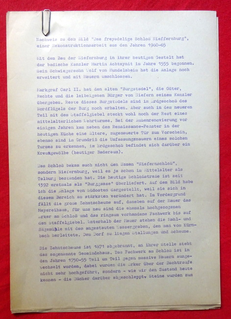   Nachweis zu dem Bild "Das freyadelige Schloß Nieffernburg", einer Rekonstruktionsarbeit aus den Jahren 1960-65 (maschinenschriftlich) 
