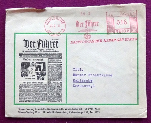   Briefumschlag mit Werbung für "Der Führer" Das badische Kampfblatt für nationalsozialistische Politik und deutsche Kultur 