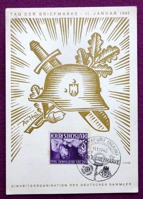   Sonderkarte "Tag der Briefmarke 11. Januar 1942. Einheitsorganisation der deutschen Sammler (mit Stempel Frankfurt 1942, Motiv v. Ax-Heu, hinten Nummer 356) 