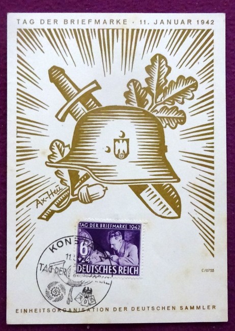   Sonderkarte "Tag der Briefmarke 11. Januar 1942. Einheitsorganisation der deutschen Sammler (mit Stempel Konstanz 1942, Motiv v. Ax-Heu) 