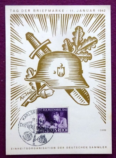   Sonderkarte "Tag der Briefmarke 11. Januar 1942. Einheitsorganisation der deutschen Sammler (mit Stempel Karlsruhe 1942, Motiv v. Ax-Heu) 