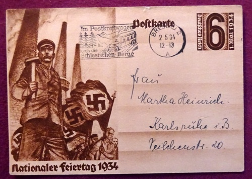   Ansichtskarte AK Ganzsache "Nationaler Feiertag 1934" (Aufdruckmarke 6 Rpf Deutsches Reich 1. Mai 1934, Stempel "Im Postkraftwagen durch die Schlesischen Berge + Breslau 2") 