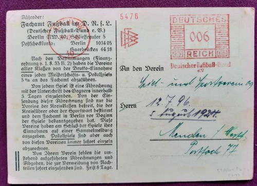 DFB  Postkarte des DFB (Deutscher Fußball-Bund) Absender: Fachamt Fußball im D.R.f.L., Berlin, Schlieffenufer 5 (Abrechnungskarte für den Spiel- und Sportverein Menden für ein Meisterschaftsspiel am 3.11.1935) 
