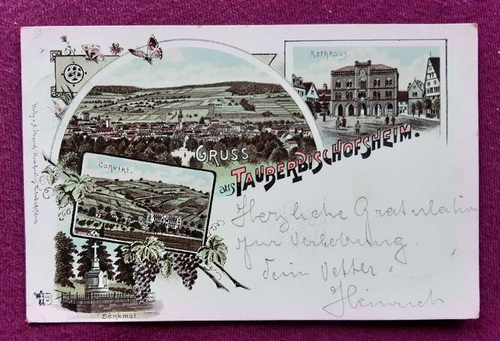   Ansichtskarte AK Gruss aus Tauberbischofsheim. Farblitho 4 Ansichten (Panorama, Convikt, Denkmal, Rathhaus) 