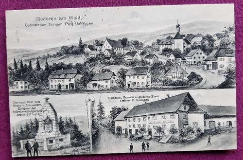   Ansichtskarte Riederen am Wald. Bahnstation Thingen, Post Uehlingen (3 Motive u.a. Gasthaus z. goldenen Kreuz, Stempel Uehlingen) 