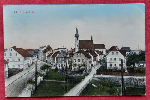   Ansichtskarte AK Ostritz in Sachsen. Ortsansicht Auschnitt mit Strassen und Kirche (Stempel Zittau) 