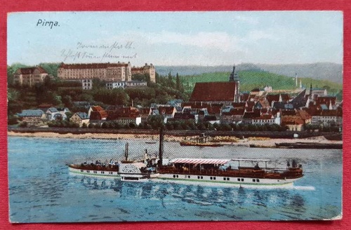   Ansichtskarte AK Pirna. Mit Schloß und Dampfer auf der Elbe (Stempel Pirna u. Zuckmantel) 