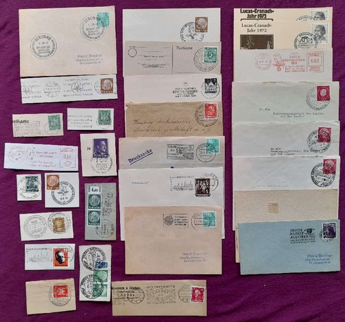   Konvolut 28 Briefe, Briefstücke, Postkarten mit Stempeln von Kunstausstellungen 1925-1967 