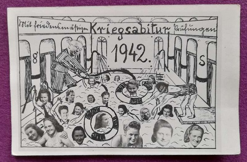   AK Ansichtskarte Fotomontage "Kriegsabitur 1942" Karlsruhe (Karte v. einer Trude aus Karlsruhe an Günter Hartmann, Nördliche Hildapromenade 19, Karlsruhe 23.3.1942) 