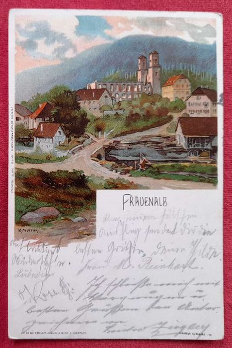   AK Ansichtskarte Frauenalb. Farblithographie Kloster und Ort (Kunstkarte v. Karl Mutter) 