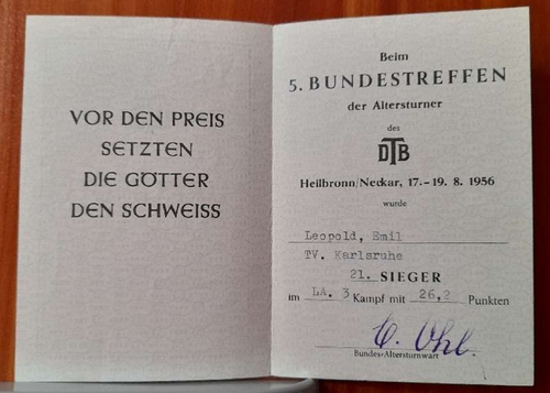   URKUNDE "Beim 5. Bundestreffen der Altersturner des DTB Heilbronn / Neckar 17.-19.8.1956 (21. Sieger im 3 Kampf Emil Leopold) 