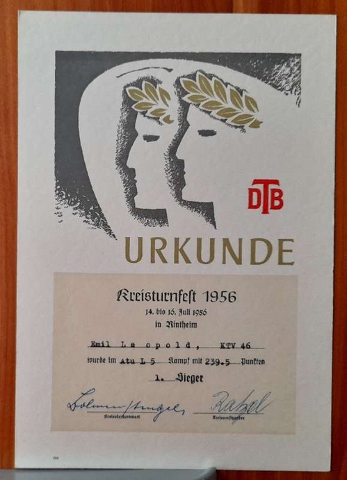   URKUNDE "für Emil Leopold TV 1846 Karlsruhe (KTV) (1. Sieger beim Kreisturnfest 14.-16. Juli 1956 in Rintheim) 
