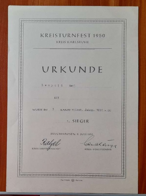   URKUNDE "für Emil Leopold TV 1846 Karlsruhe (KTV) (1. Sieger beim Kreisturnfest 1950 Bruchhausen 9. Juli 1950) 