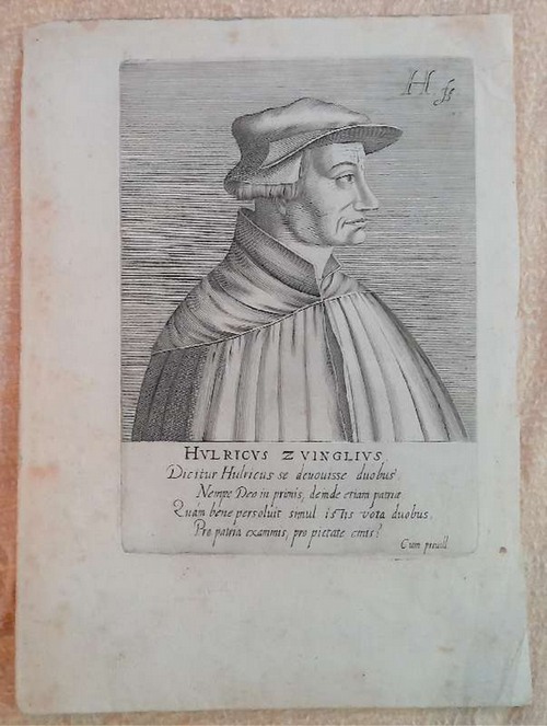 Zwingli, Ulrich  Holzschnitt Hulricus Zvinglius (Portrait of Ulrich Zwingli.  illustration to Jacob Verheiden's "Praestantium aliquot theologorum ... effigies" (The Hague: 1602). 1599) 