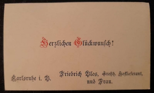 Blos, Friedrich  Visitenkarte des Friedrich Blos, Großherzoglicher Hoflieferant und Frau, Karlsruhe 