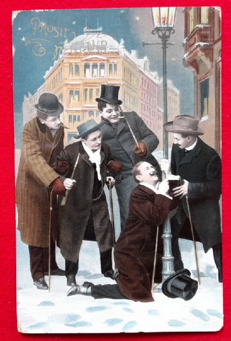   AK Ansichtskarte Prosit Neujahr. 5 Männer nach Zechtour an einer Straßenlampe 