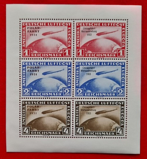   6er Block Briefmarken Deutsche Luftpost 1, 2, 4 Reichsmark ungestempelt Polarfahrt 1931 und Chicago-Weltausstellung 1933 (Faksmile) 