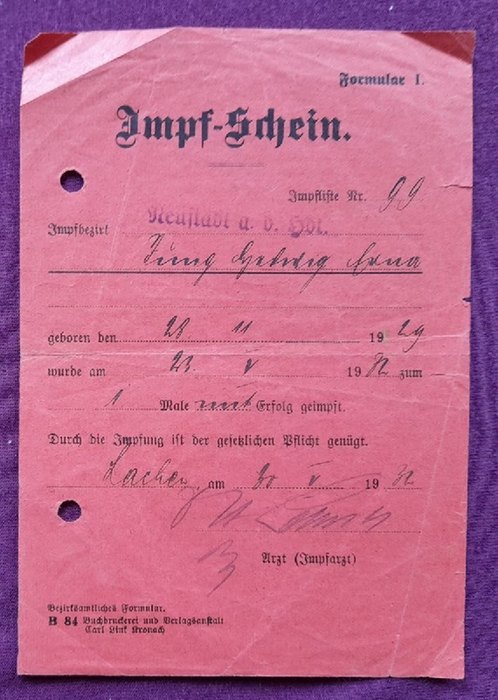   Impf-Schein für eine Jung Hedwig Erna Impfbezirk Neustadt a.d. Haardt v. 23.5.1932 