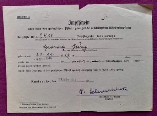   Impfschein für Hedwig Jung v. 4. März 1944 aus Karlsruhe für die Pockenschutz-Wiederimpfung 