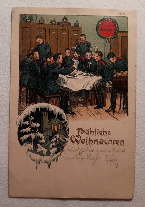   AK Fröhliche Weihnachten (Farblitho Grusskarte aus Metz (hinten so gestempelt), Soldaten bei der Mahlzeit und beim Bier trinken) 