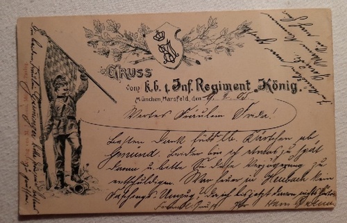   AK Gruss vom k.b. 1. Infanterie Regiment König.; München Marsfeld 1905 (Künstlerische Postkarte mit Soldat, Fahnenträger) 