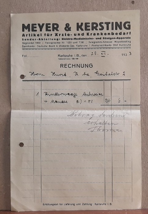 Meyer & Kersting  Rechnung der Firma Meyer & Kersting, Artikel für Ärzte- und Krankenbedarf. Sonder-Abteilung: Elektro-Medizinische- und Röntgen-Apparate (vom 29.XII.1933) 
