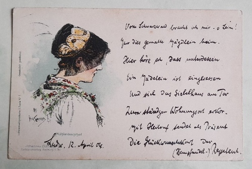   AK Ansichtskarte Mühlenbachthal Frau mit Tracht (Kunstkarte v. Wilhem Hasemann. Litho) (Stempel Maulbronn und Ludwigsburg) 