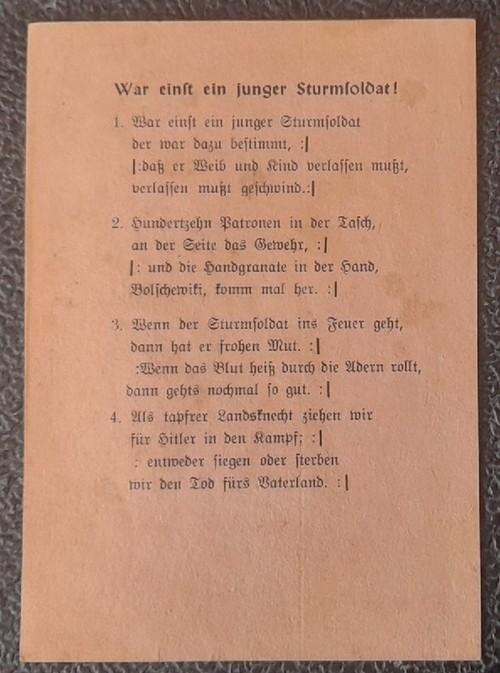 ohne Autor  Postkarte / Karte mit zwei Liedtexten. 1. "War einst ein junger Sturmsoldat" (Wehrmacht / SA) + "Ich bin ein freier Wildbretschütz !" 