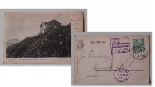  Ansichtskarte Gruss aus dem Riesengebirge "Prinz-Heinrich-Baude 1420 m.ü.M." (mit 2 schönen Stempeln umseitig Prinz-Heinrich-Baude und Peterbaude v. 3.+4. October 1908) 