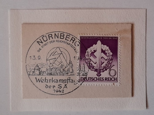 SA  Briefstück mit Briefmarke 6 Pfennig Deutsches Reich Wehrkampftage der SA 1943 mit sauberem Stempel Nürnberg 13.9.1942 