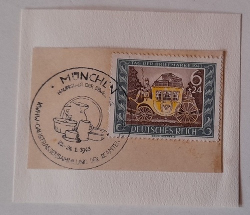 KWHW  Briefstück mit Briefmarke 6 +24 Pfennig Deutsches Reich Tag der Briefmarke 1943 mit sauberem Stempel München KWHW-Gaustrassensammlung der Beamten 23.-24.1.1943 