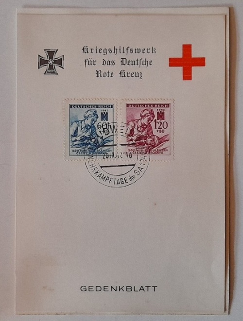 Rotes Kreuz  Gedenkblatt "Kriegshilfswerk für das Deutsche Rote Kreuz" mit 2 Briefmarken Deutsches Reich Böhmen und Mähren 60+40 und 120+80 Pf. mit Stempel Budweis Wehrkampftage der SA 20.IX.1942 
