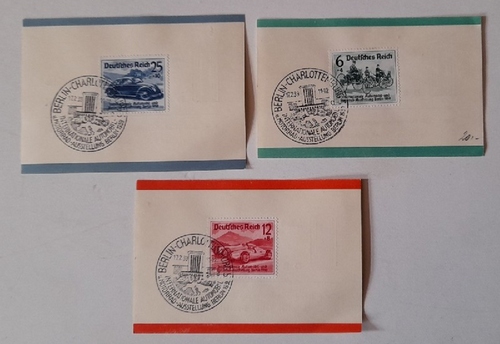   3 Briefmarken Sondermarken Internationale Automobil und Motorrad-Ausstellung Berlin 17.2.1939 (3 Werte mit dem jeweiligen Sonderstempel, umseitig Werbung Druck Dresdner Band) 