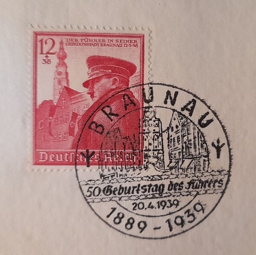 Hitler  Briefstück mit Briefmarke Deutsches Reich 12+38 mit sauberem Stempel Braunau 1889-1939 50. Geburtstag des Führers 