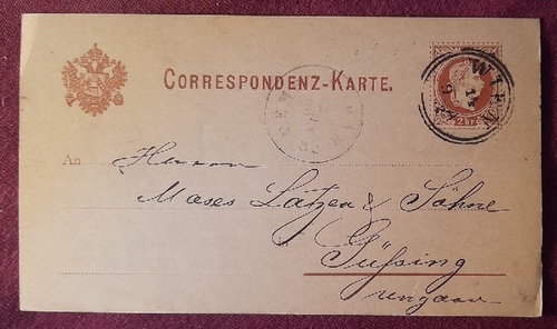   Postkarte / Correspondenzkarte an Moses Latzer & Söhne Güssing / Ungarn gelaufen als Ganzsache mit Franz Joseph braun 2 kr, sauberer Stempel Wien (Firmenpost) 