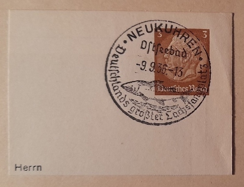   Briefstück mit tollem Stempel "Neukuhren Ostseebad 9.9.36 Deutschlands größter Lachsfangplatz" auf Marke 3Pf Deutsches Reich 