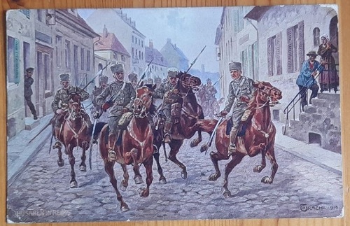   Ansichtskarte AK Husaren in Reims (nach einer Zeichnung v. Carache 1914 (hinten Aufdruck Ausflugsgaststätte Brückkanal Karl Zimmerer Feucht mit Stempel Röthenbach über Feucht 1958 und Stempel in Rot "Nachgebühr") 