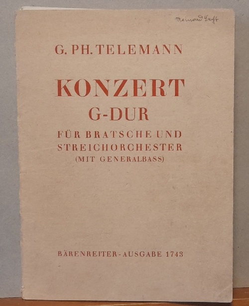 Telemann, Georg Philipp  Konzert G-Dur (für Bratsche und Streichorchester (mit Generalbass) 