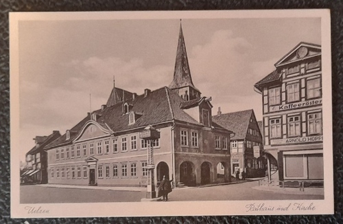   Ansichtskarte AK Uelzen Rathaus und Kirche / rechts Kaffeeröster Arnold Hopp 