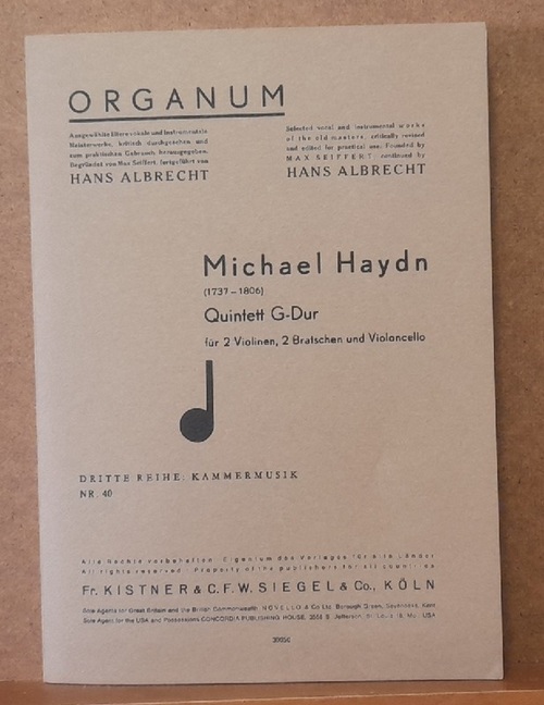 Haydn, Michael (1737-1806)  Quintett G-Dur für 2 Violinen, 2 Bratschen und Violoncello : Partitur und Stimmen 