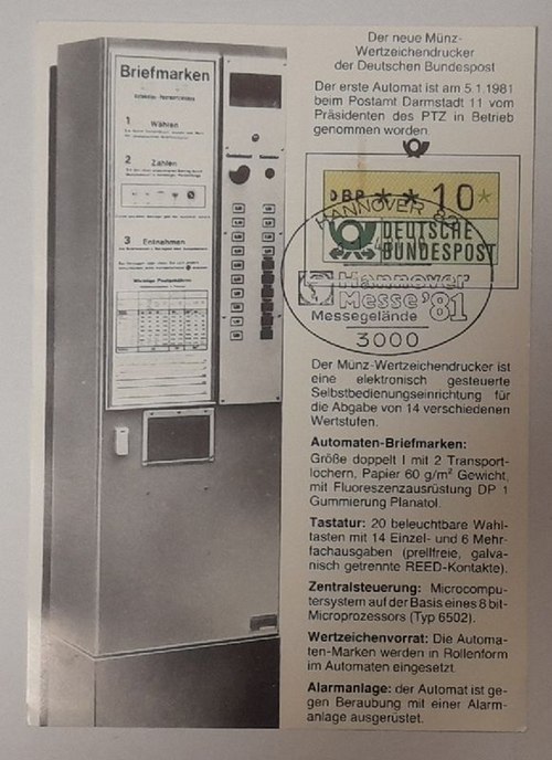   Postkarte zur Einführung der Automatenmarke am 5.1.1981in Darmstadt mit 10Pf Marke und Stempel Hannover Messe. (Aufgedruckt die Abbildung und technische Daten) 
