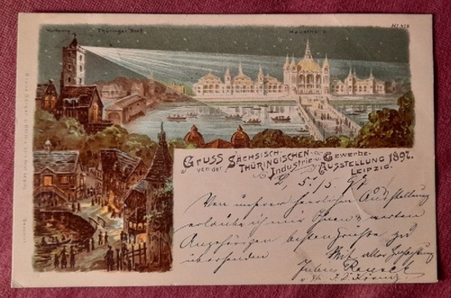   Ansichtskarte AK Sächsisch-Thüringische Industrie- und Gewerbe-Ausstellung, Leipzig 1897 (Farblitho. AnsichtenWartburg, Thüringer Dorf, Haupthalle) 