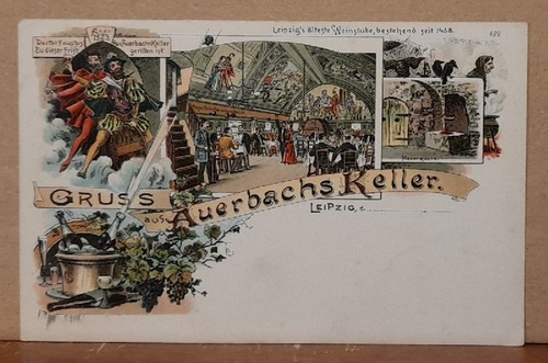   Ansichtskarte AK Leipzig. Gruss aus Auerbachs Keller. 4 Ansichten (Hexenküche, Faust u.a.) (Farblitho) 