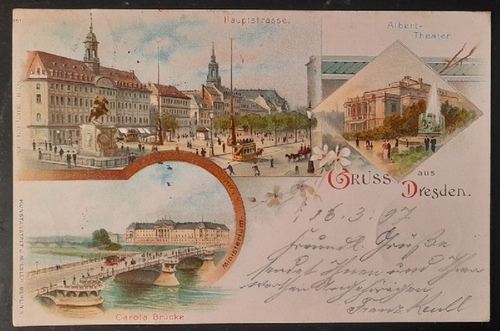   Ansichtskarte AK Gruß aus Dresden. Hauptstrasse, Albert-Theater, Carola-Brücke (Farblitho) 