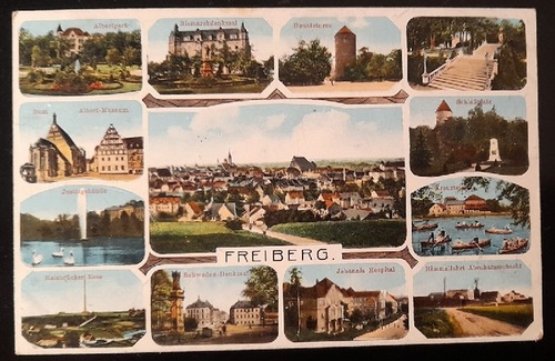   Ansichtskarte AK Freiberg i. Sachsen (13 Ansichten, Feldpostkarte mit "Briefstempel der 4. Kompanie des Ersatz-Bataillons 16. Unf.Rgts Kompanie 182) 