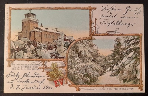   Ansichtskarte AK Fichtelberg im sächsischen Erzgebirge. (1214m). 2 Ansichten mit Aufgang nach dem Fichtelgebirge im Winter (Farblitho) 