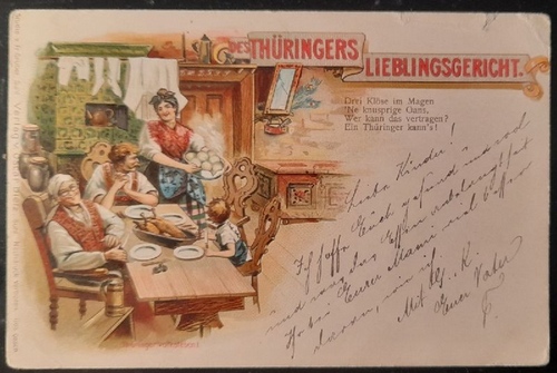   Ansichtskarte AK Des Thüringers Lieblingsgericht "Drei Klöpse im Magen...." (Farblitho) 