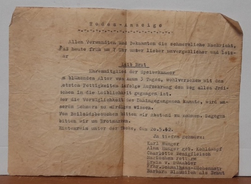 Anonym  Gedicht über den Hunger 20.5.1942 während des 2. Weltkriegs 